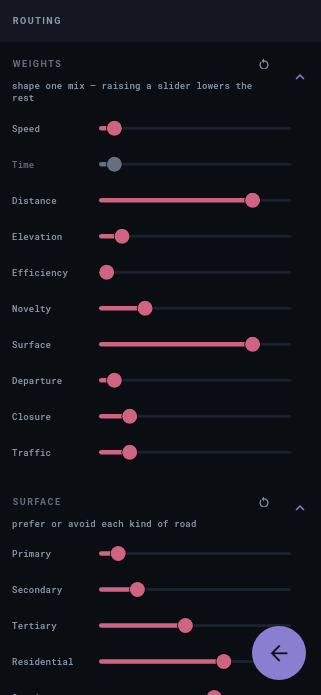 The routing screen at its weight sliders: scenery, novelty, efficiency and the rest.