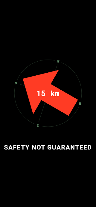 The walk frame: black screen, a red arrow, the distance and bearing home.